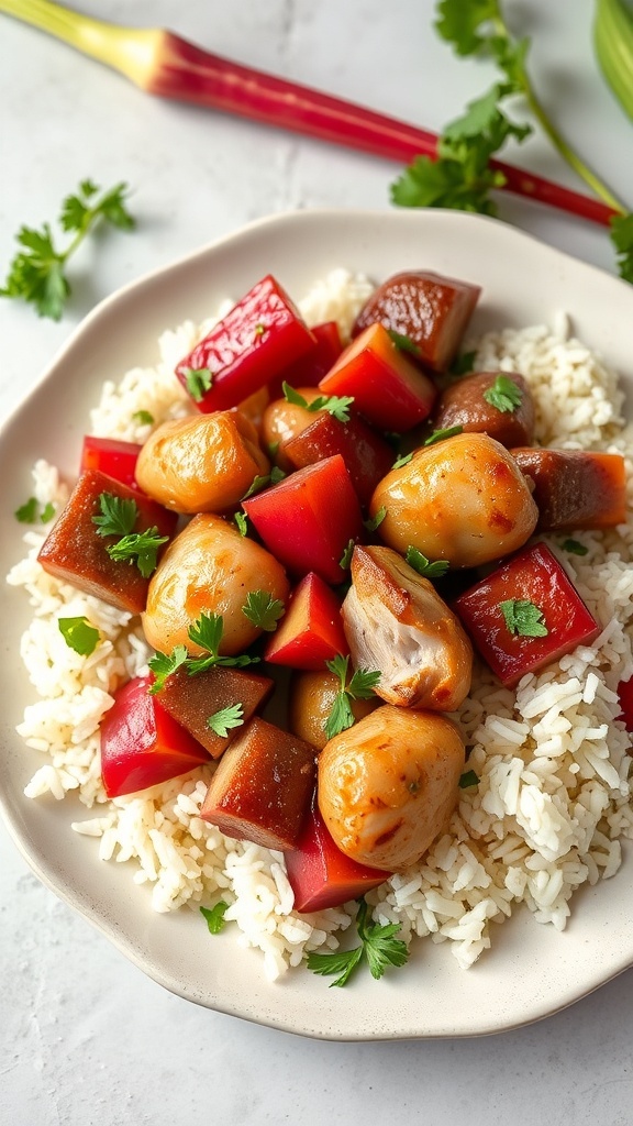 A plate of Raparberi-naimakana with chicken and rhubarb served over rice, garnished with fresh herbs.