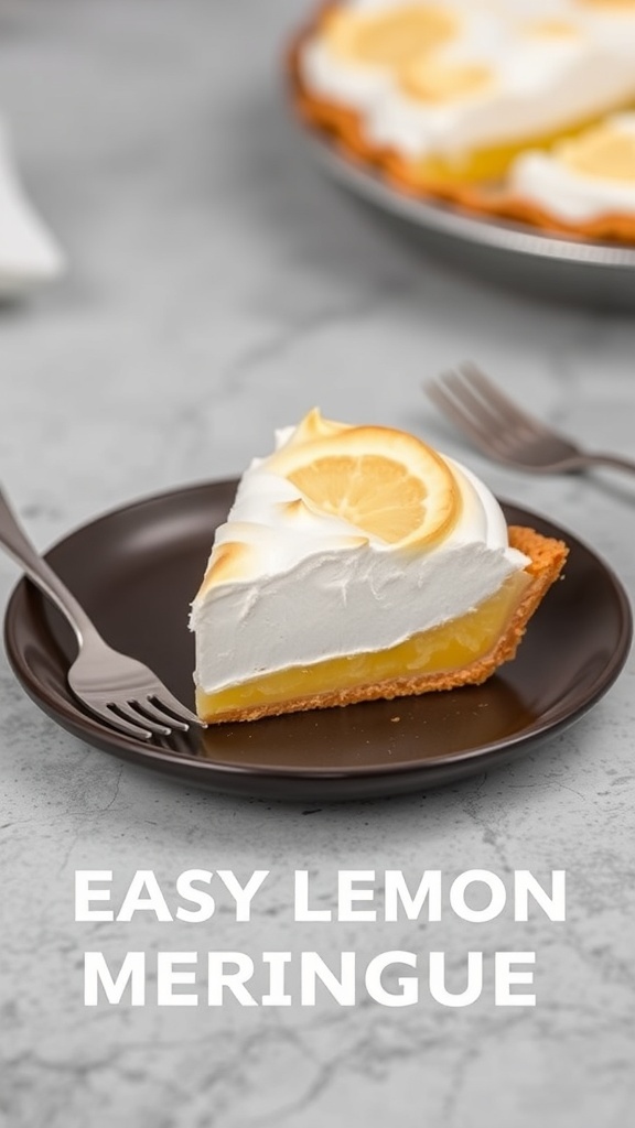 Slice of easy lemon meringue pie on a plate with a fork.