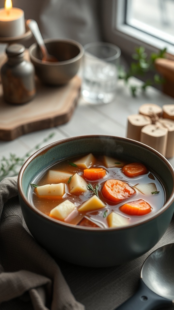 Lämpimästä keitosta koostuva kulho, jossa on perunoita ja porkkanoita.