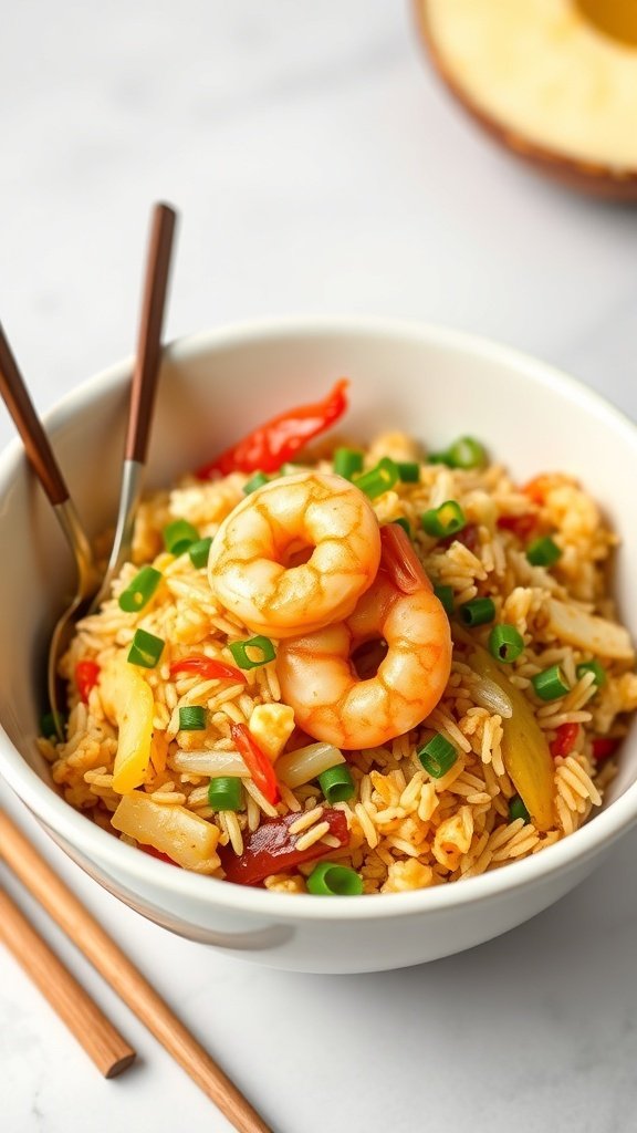 A bowl of pineapple fried rice topped with shrimp and green onions.