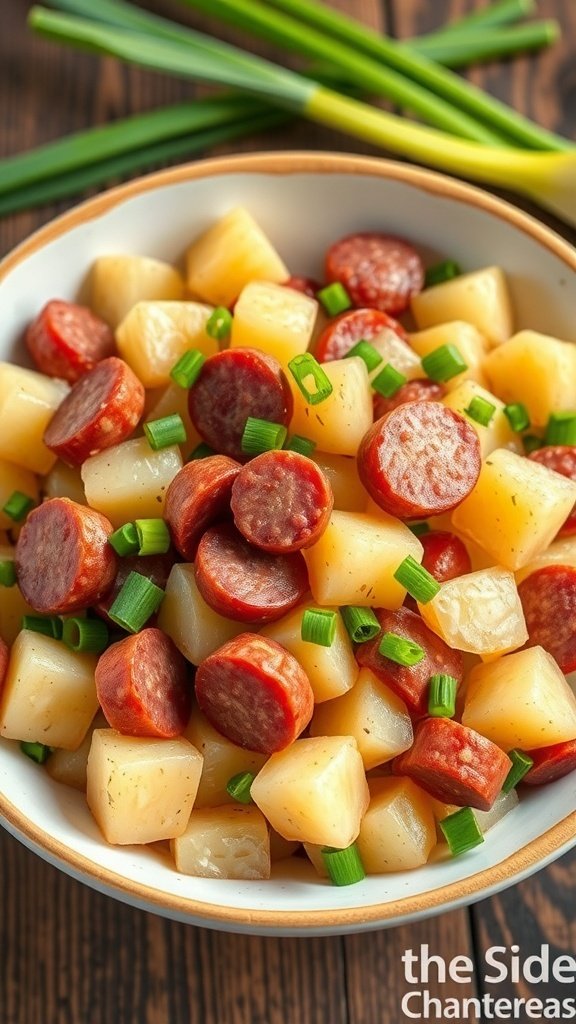 A bowl of Polish potato salad with diced kielbasa and green onions.