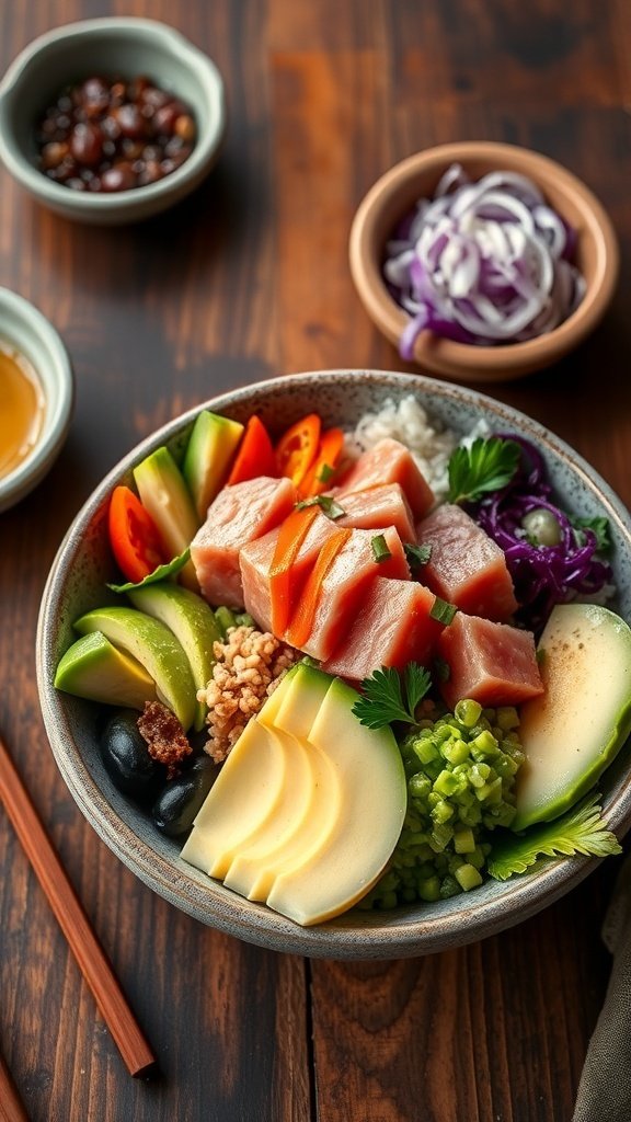 Ahi poke bowl with fresh ingredients and shoyu-sesame dressing.