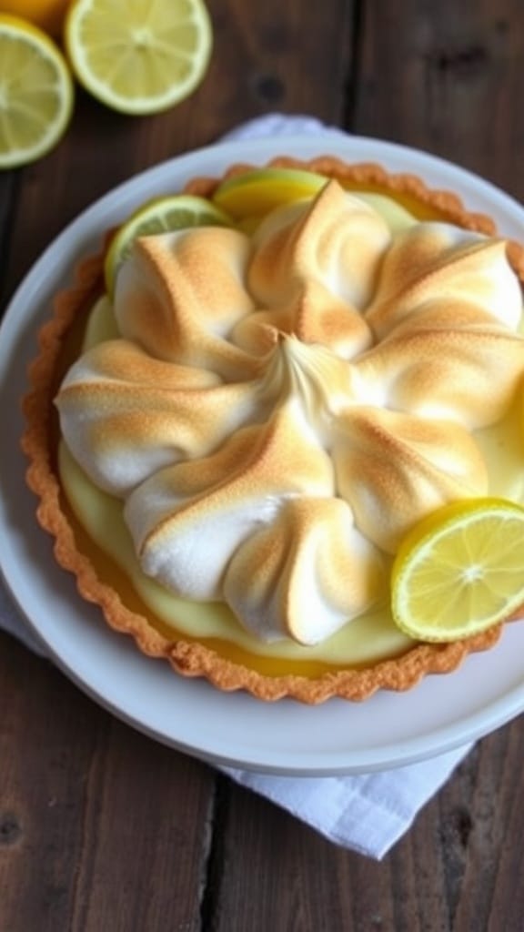 Yuzu Lemon Meringue Tart with golden meringue peaks on a rustic wooden table.