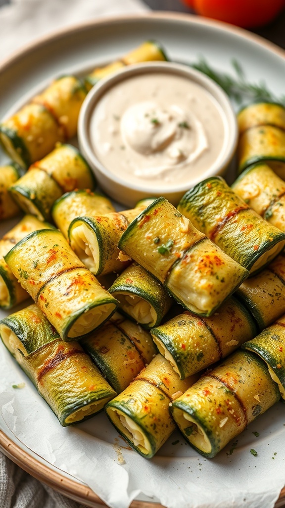 Grilled zucchini rolls filled with cheese and served with a dip.