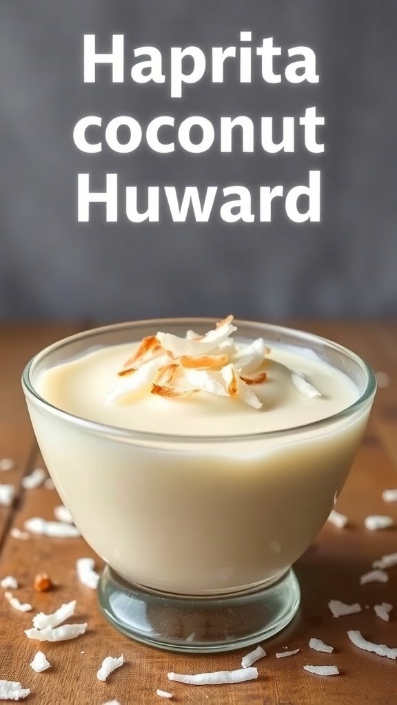 A bowl of coconut haupia custard topped with coconut flakes.