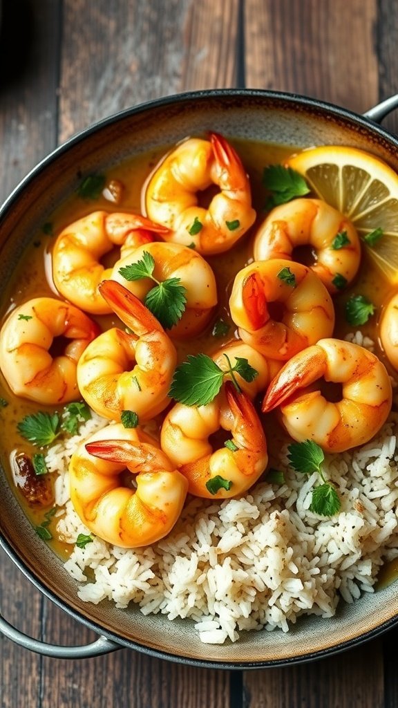 Delicious North Shore garlic shrimp served over rice with a butter-lemon sauce.