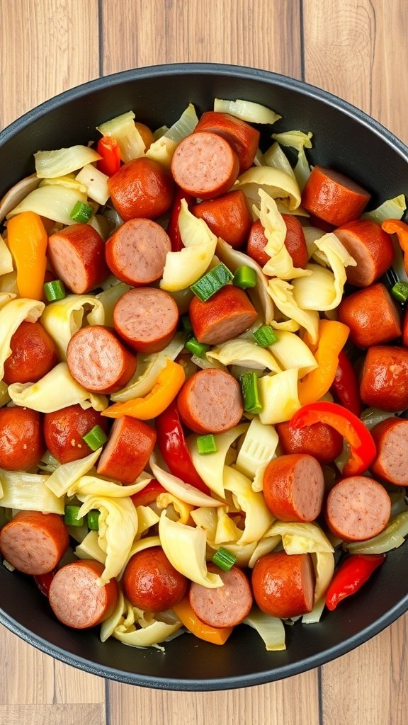 A skillet filled with sliced kielbasa, cabbage, and colorful peppers.