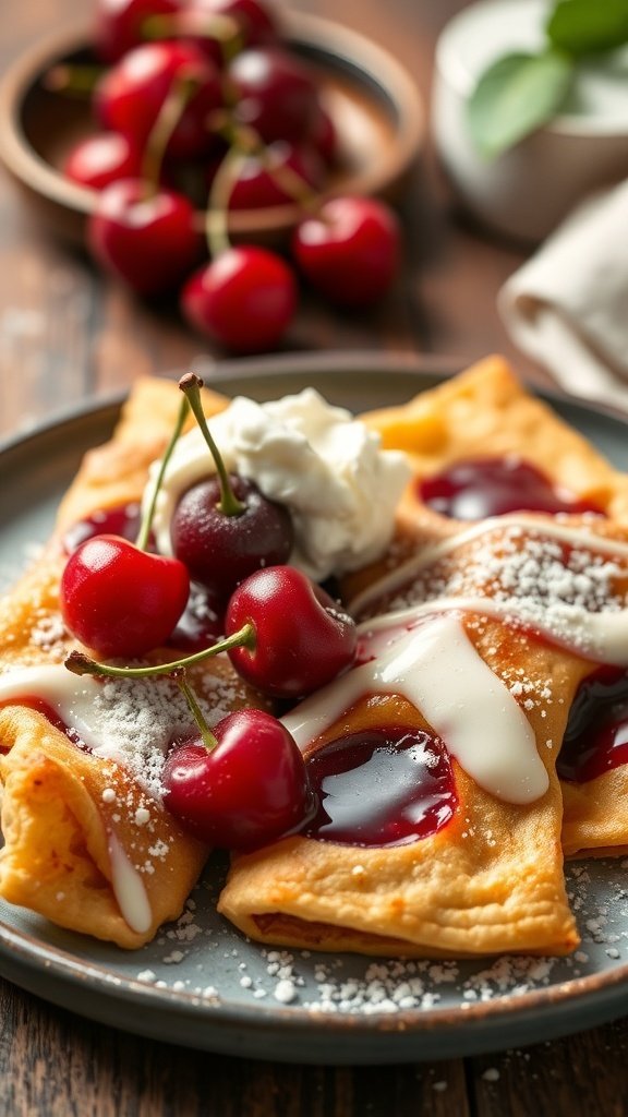 A plate of cherry cheese blintzes topped with cherries and cream.
