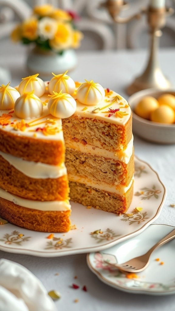 Saffron Rasmalai Tres Leches Cake with layers of milk-soaked sponge and rasmalai, garnished with saffron and pistachios.