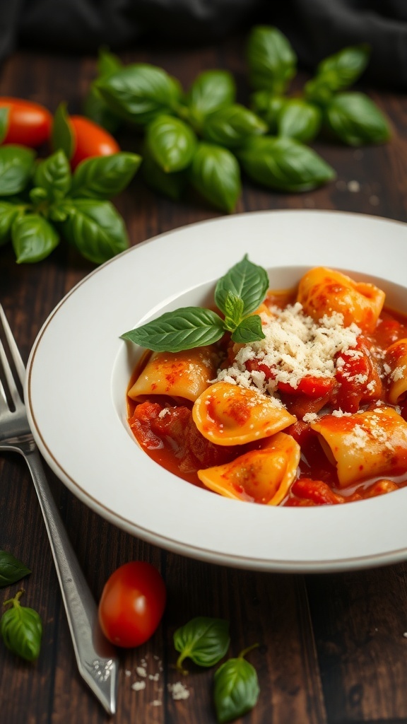 A plate of ravioli in tomato sauce garnished with basil and cheese.