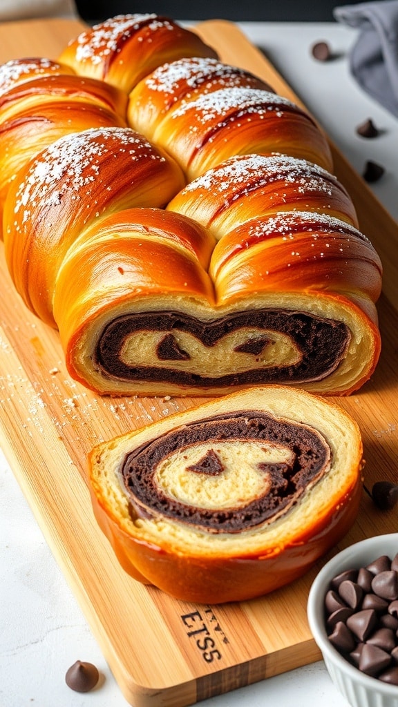 A braided loaf of Tahini Chocolate Babka with chocolate and tahini filling, sliced to show the swirls, on a wooden board.