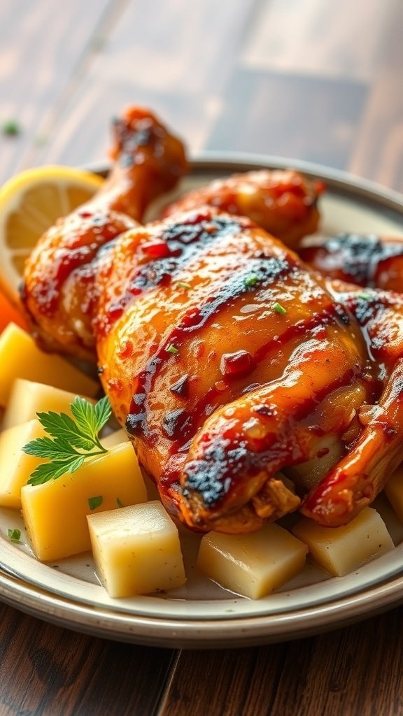 Juicy Huli Huli chicken glazed to perfection with pineapple on the side.
