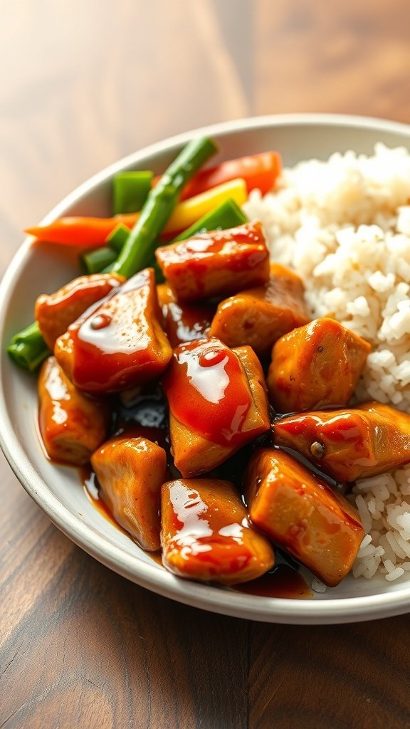 A plate of shoyu chicken served with rice and vegetables.
