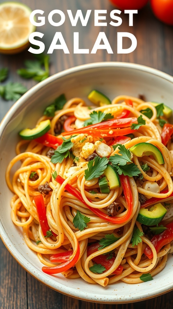 Nuudelisalaatti pähkinävinegretillä, jossa on nuudeleita, vihanneksia ja pähkinöitä.