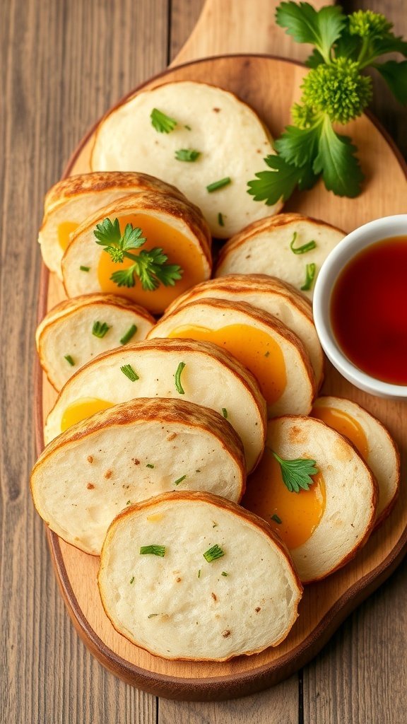 A platter of homemade Pipikaula, featuring slices of dried beef garnished with herbs.