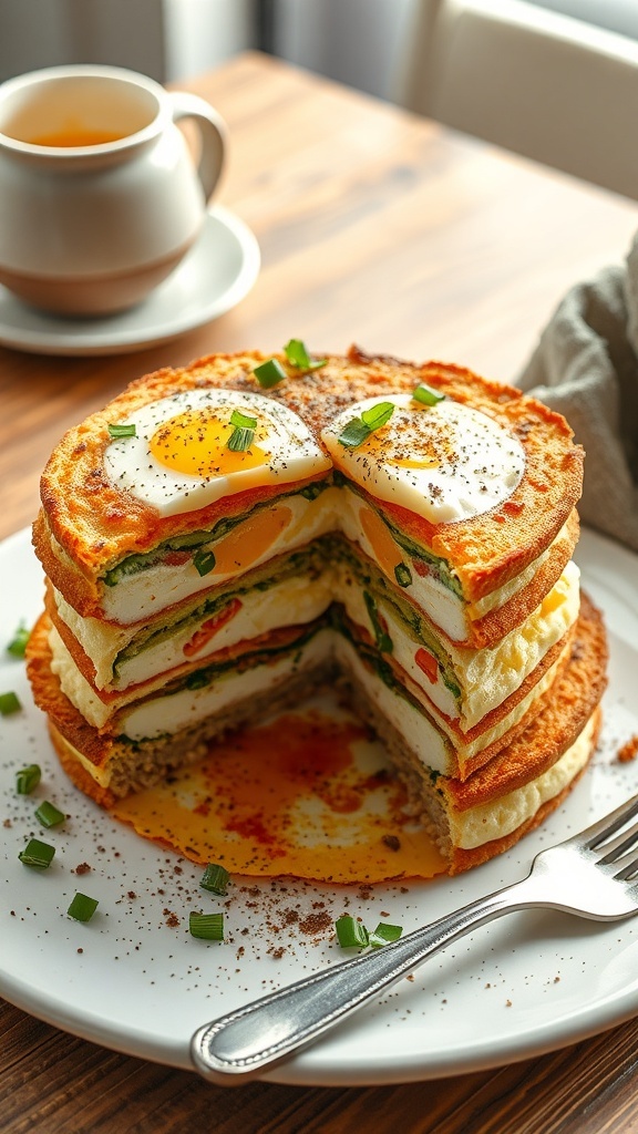 Kerros suolaista aamiaiskakkua, jossa on munia ja vihanneksia.