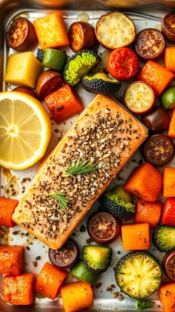 Furikake salmon on a sheet pan with colorful vegetables and lemon slices.