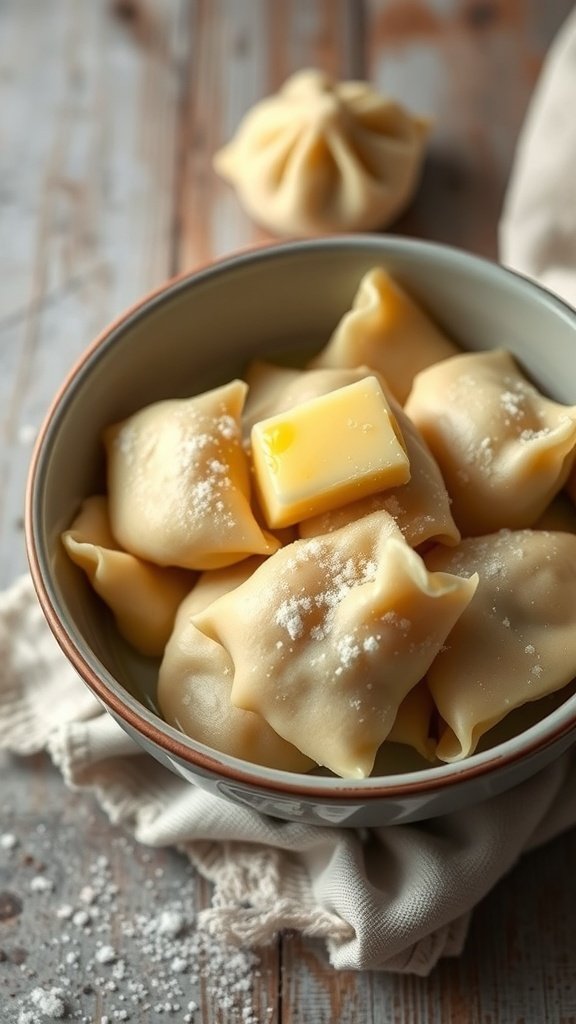 A bowl of Leniwe, or lazy pierogi, topped with butter and sprinkled with sugar.