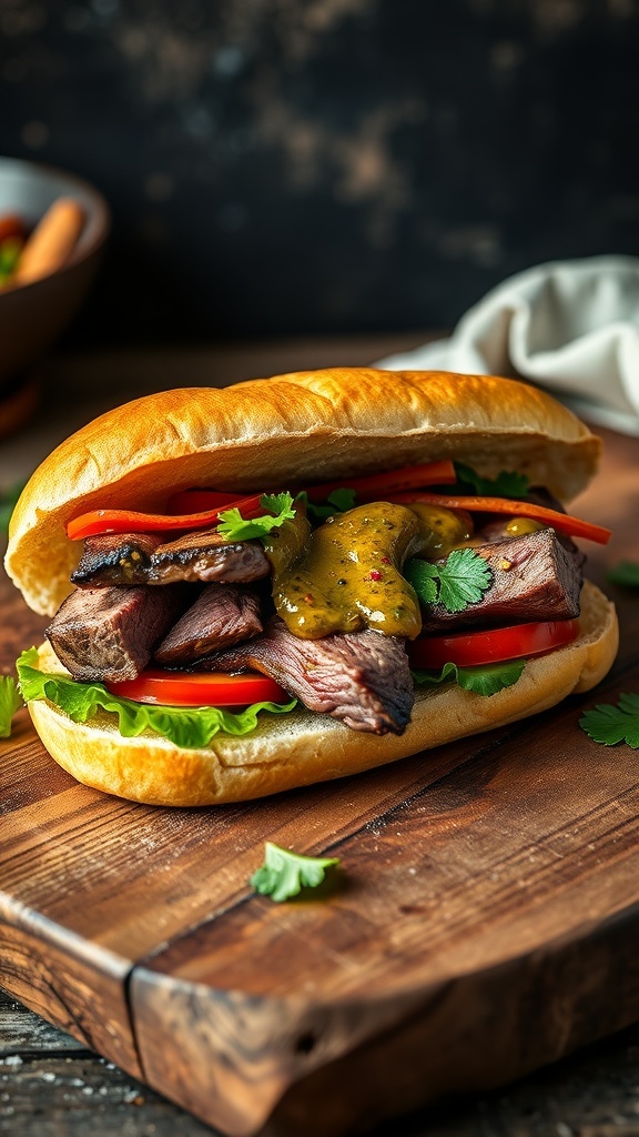 A mouthwatering Lomito sandwich with grilled beef, fresh vegetables, and sauce on a wooden board.