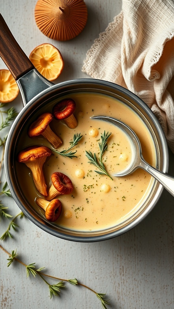 Kantarellikastike kattilassa, jossa on sieniä ja yrttejä.