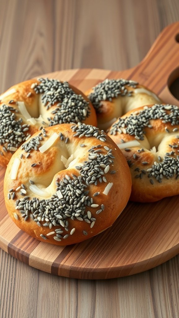 Freshly baked bialys with onion and poppy seeds on a wooden board.