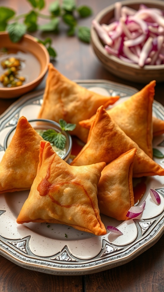 A plate of golden-brown samosas served with chutney and sliced onions.