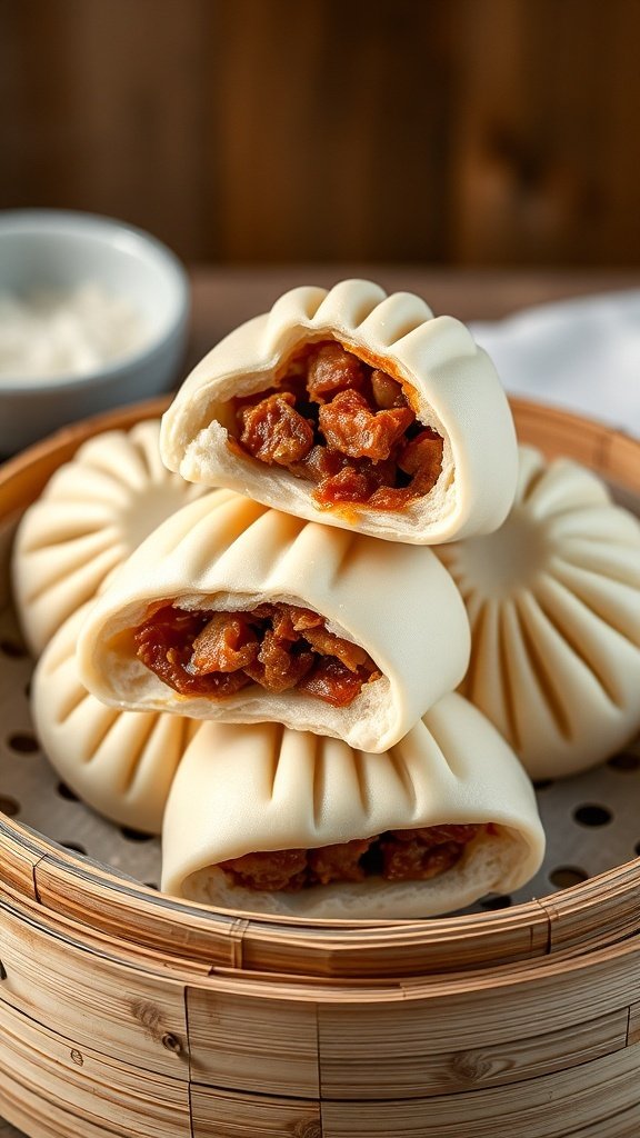Fluffy Char Siu Manapua steamed buns stacked in a bamboo steamer.
