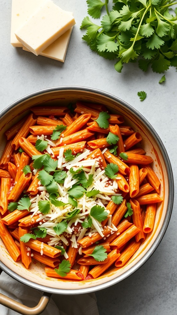 A pot of pasta with taco seasoning, topped with cheese and cilantro.