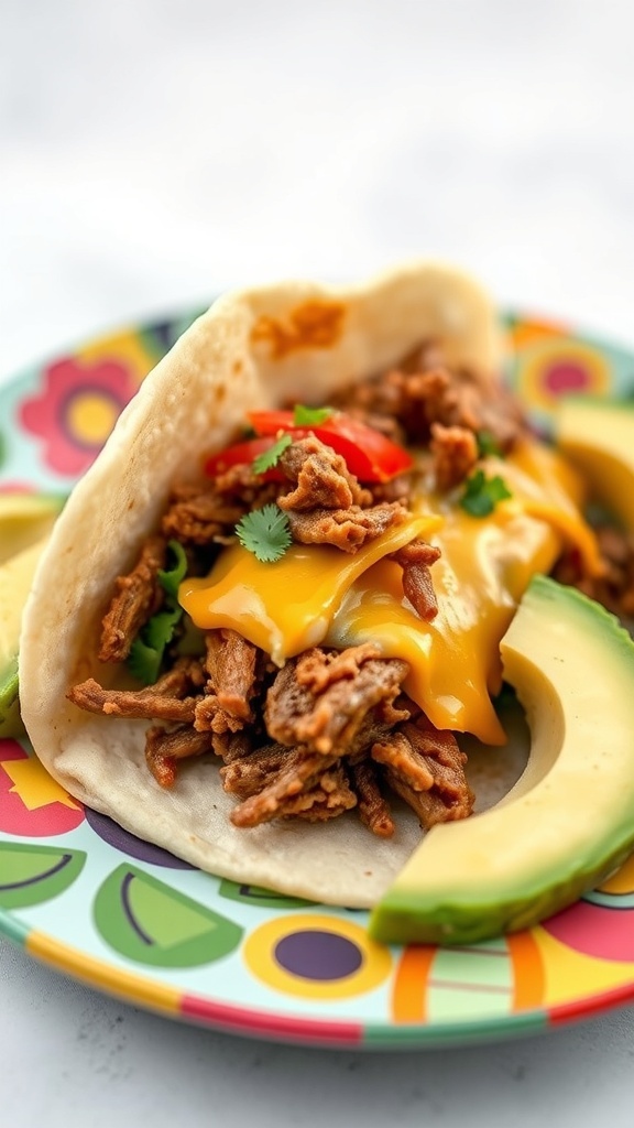 A close-up of a delicious arepa filled with shredded meat and cheese, served with avocado slices.