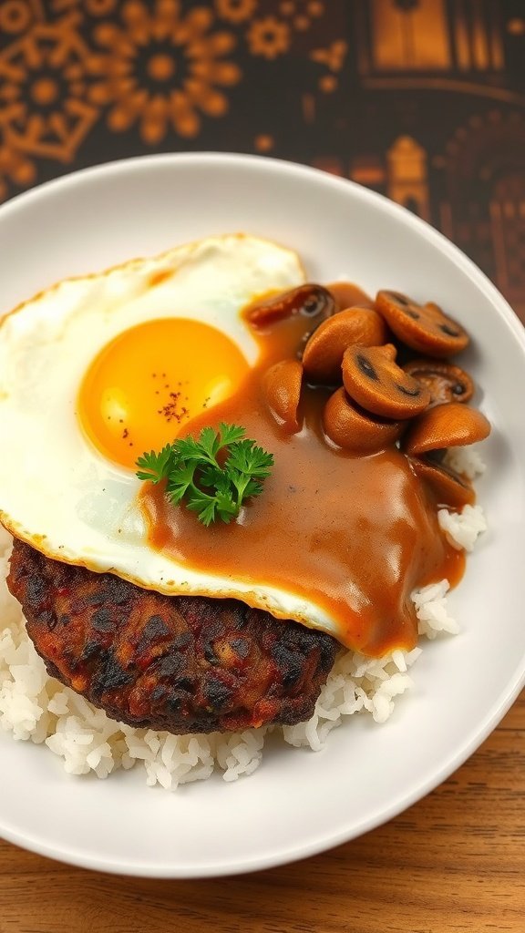 A plate of Loco Moco with a hamburger patty, sunny-side-up egg, onion-mushroom gravy, and rice.