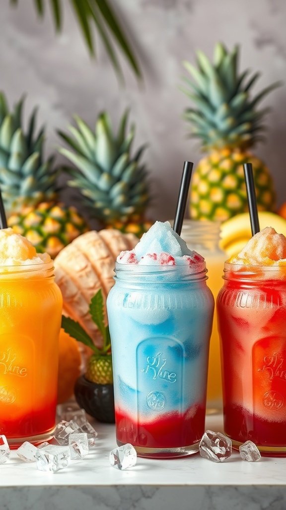 Colorful shave ice drinks with syrups and pineapples in the background.