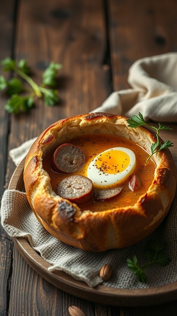 A bowl of Żurek soup with sausage and a soft-boiled egg served in a bread bowl.