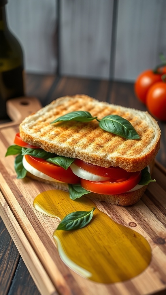 A grilled panini sandwich with tomatoes and basil on a wooden cutting board.