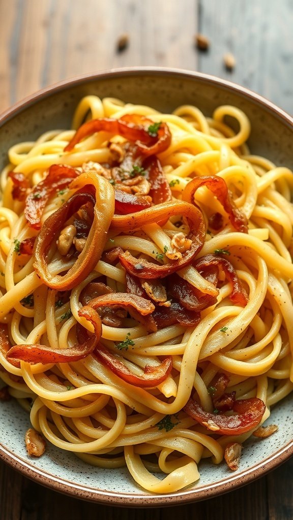 A bowl of Haluski with noodles, cabbage, and crispy bacon.