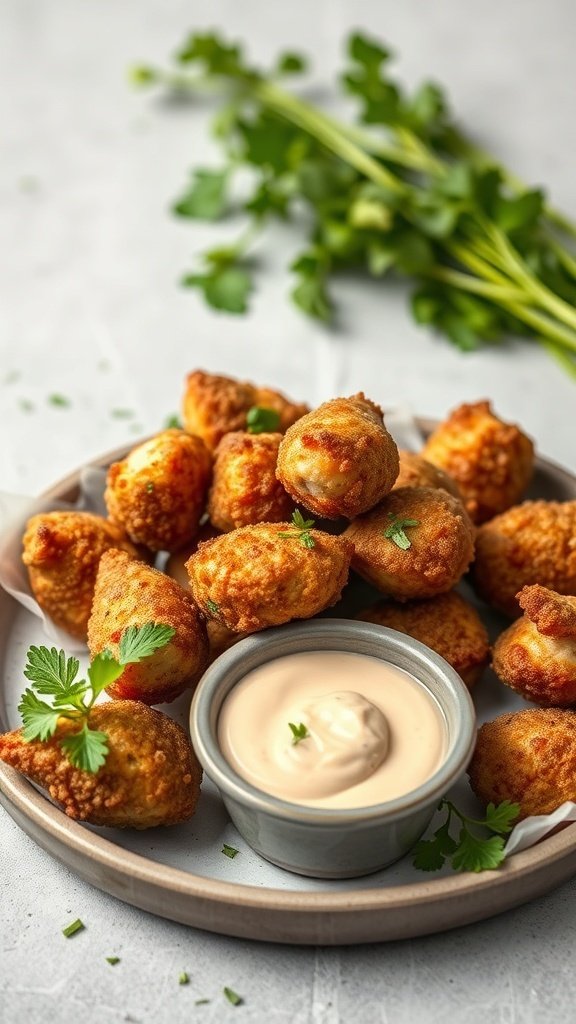 Plate of crispy Mochiko chicken bites with a small bowl of spicy mayo