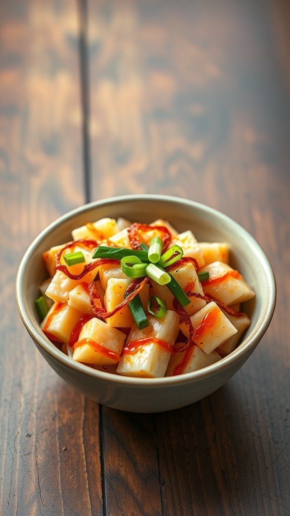Bowl of spicy mayo poke with crispy togarashi onions and green onions on top.