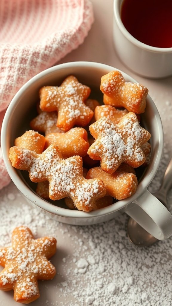 A bowl of Chruściki, Polish sweet angel wings, dusted with powdered sugar.