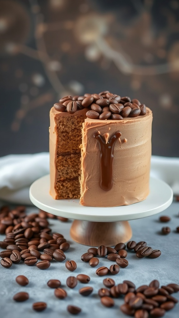 A rich coffee sponge cake with a slice cut out, topped with coffee beans.