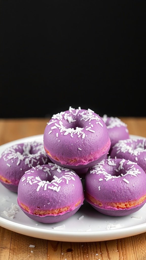 A plate of Ube Butter Mochi Donuts topped with coconut flakes.
