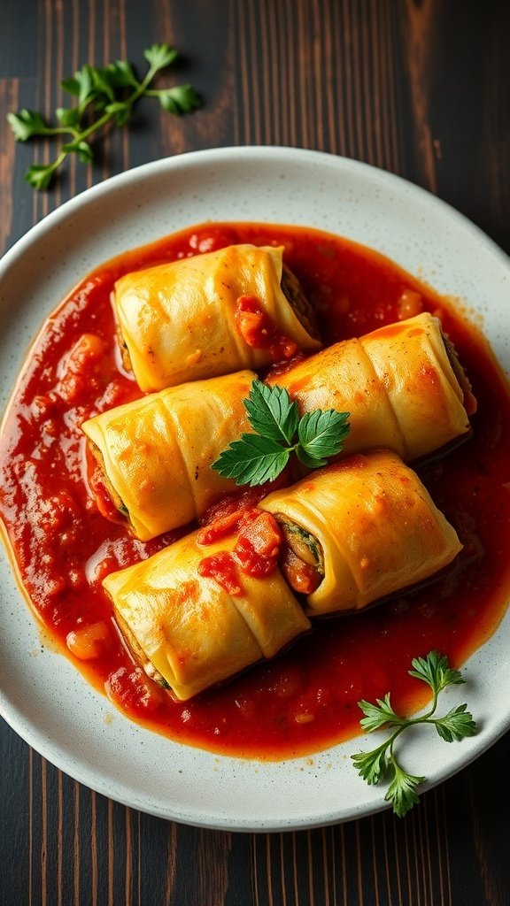 A plate of gołąbki (stuffed cabbage rolls) in tomato sauce garnished with parsley.
