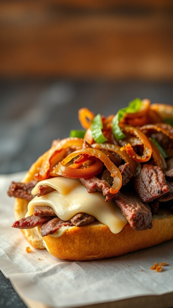 A delicious Philly cheesesteak sandwich with beef, cheese, and onions.