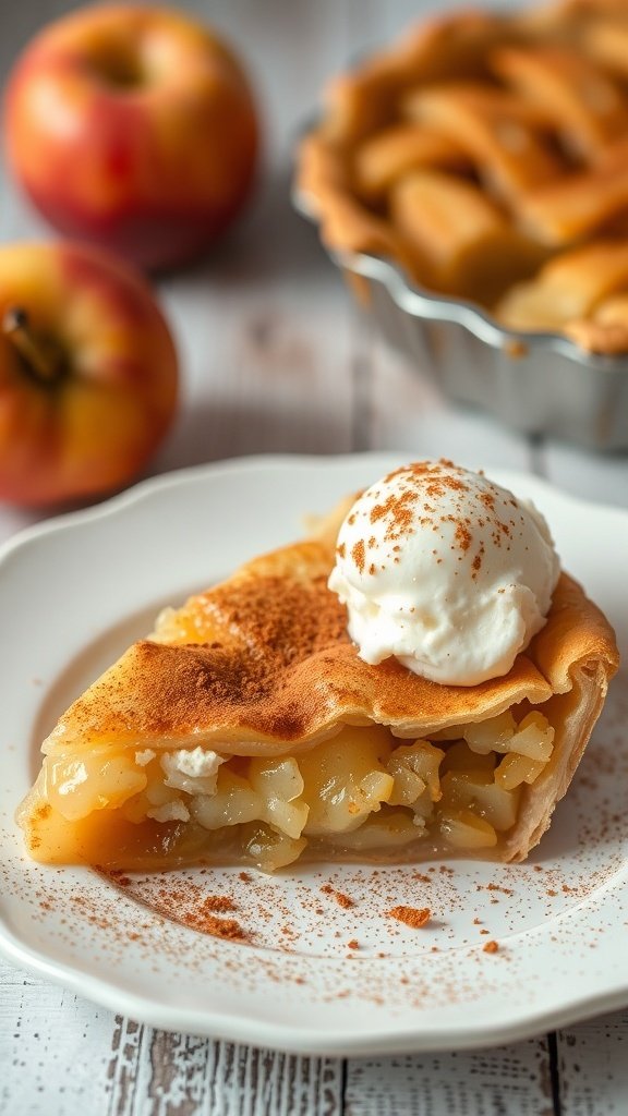 Slice of Polish apple pie with whipped cream on top, surrounded by apples.