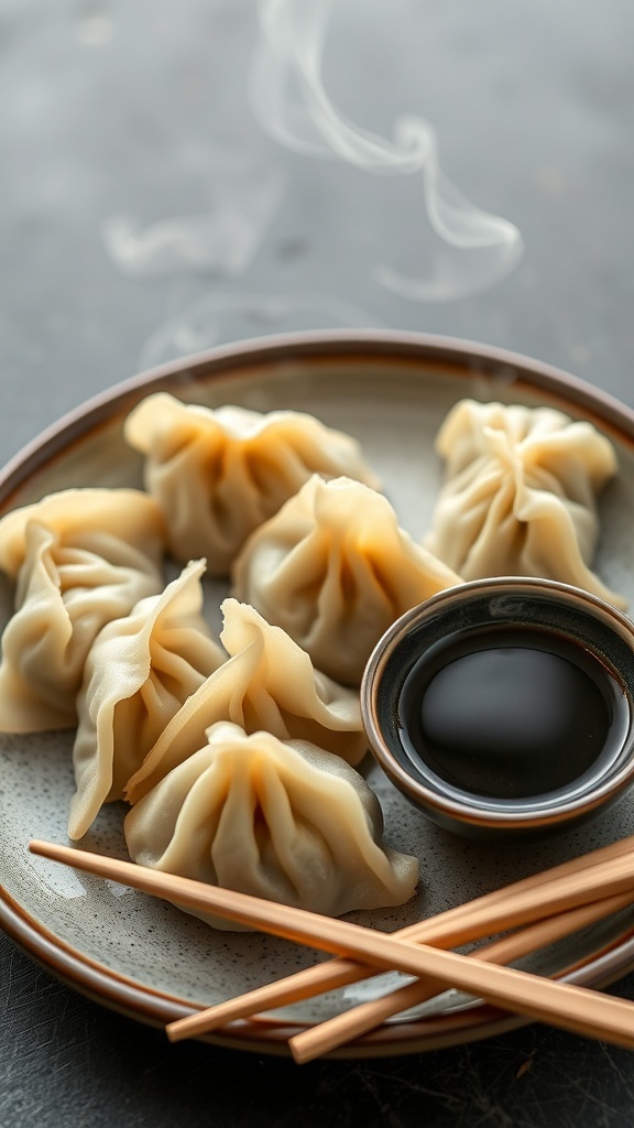 A plate of jiaozi dumplings with a small bowl of dipping sauce and chopsticks.