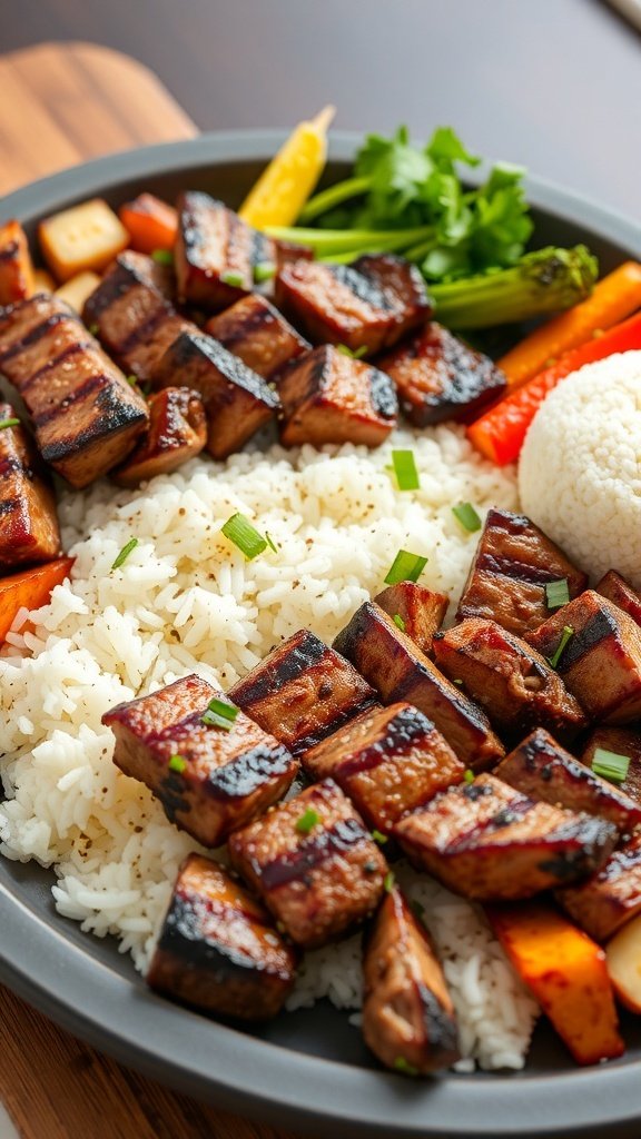 A plate of grilled teriyaki beef served over rice with colorful vegetables.