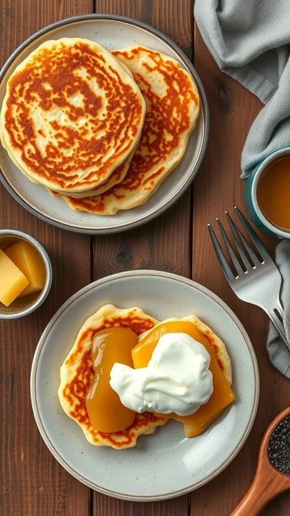 Crispy potato pancakes served with fruit topping and sour cream.
