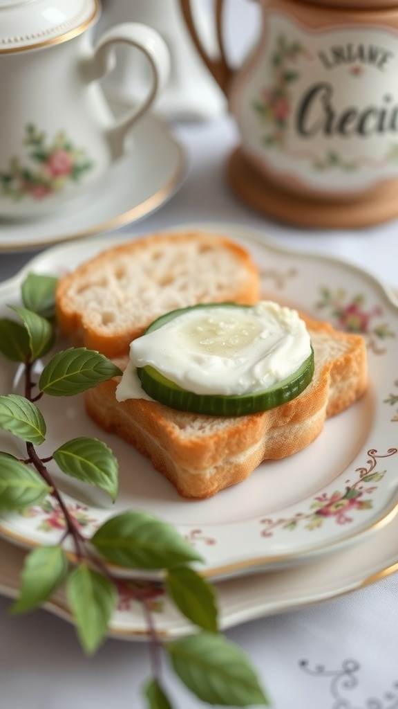 A cucumber sandwich on a decorative plate with a cup of tea in the background.