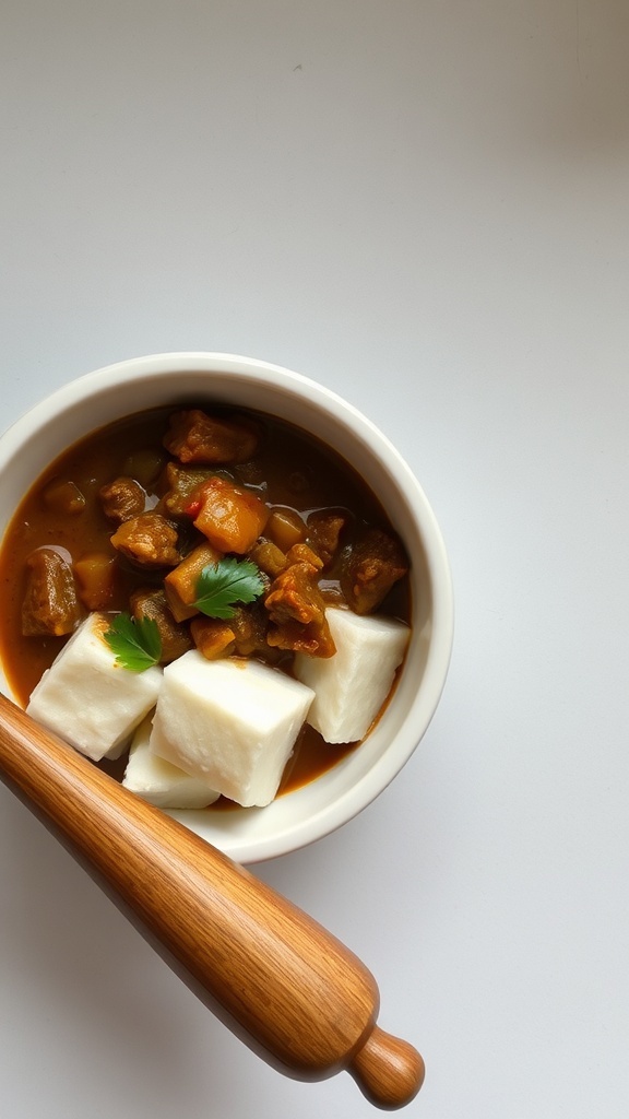 A bowl of fufu served with a rich stew, accompanied by a wooden rolling pin.