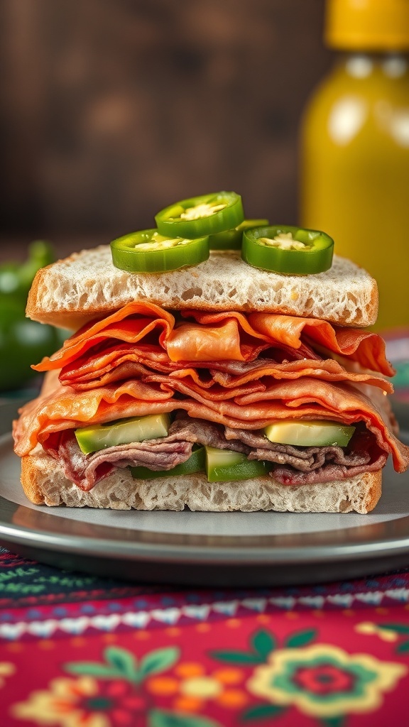 A delicious torta sandwich with layers of meats, jalapeños, and fresh vegetables.