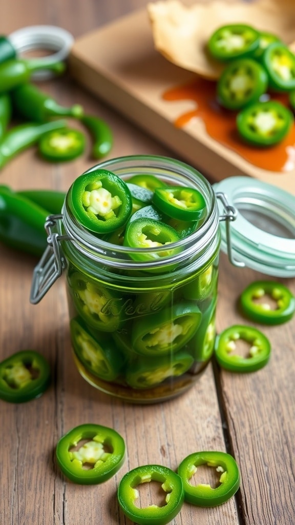 Spicy Cowboy Candy Recipe A jar of candied jalapeños in syrup on a wooden table, with fresh jalapeños nearby.