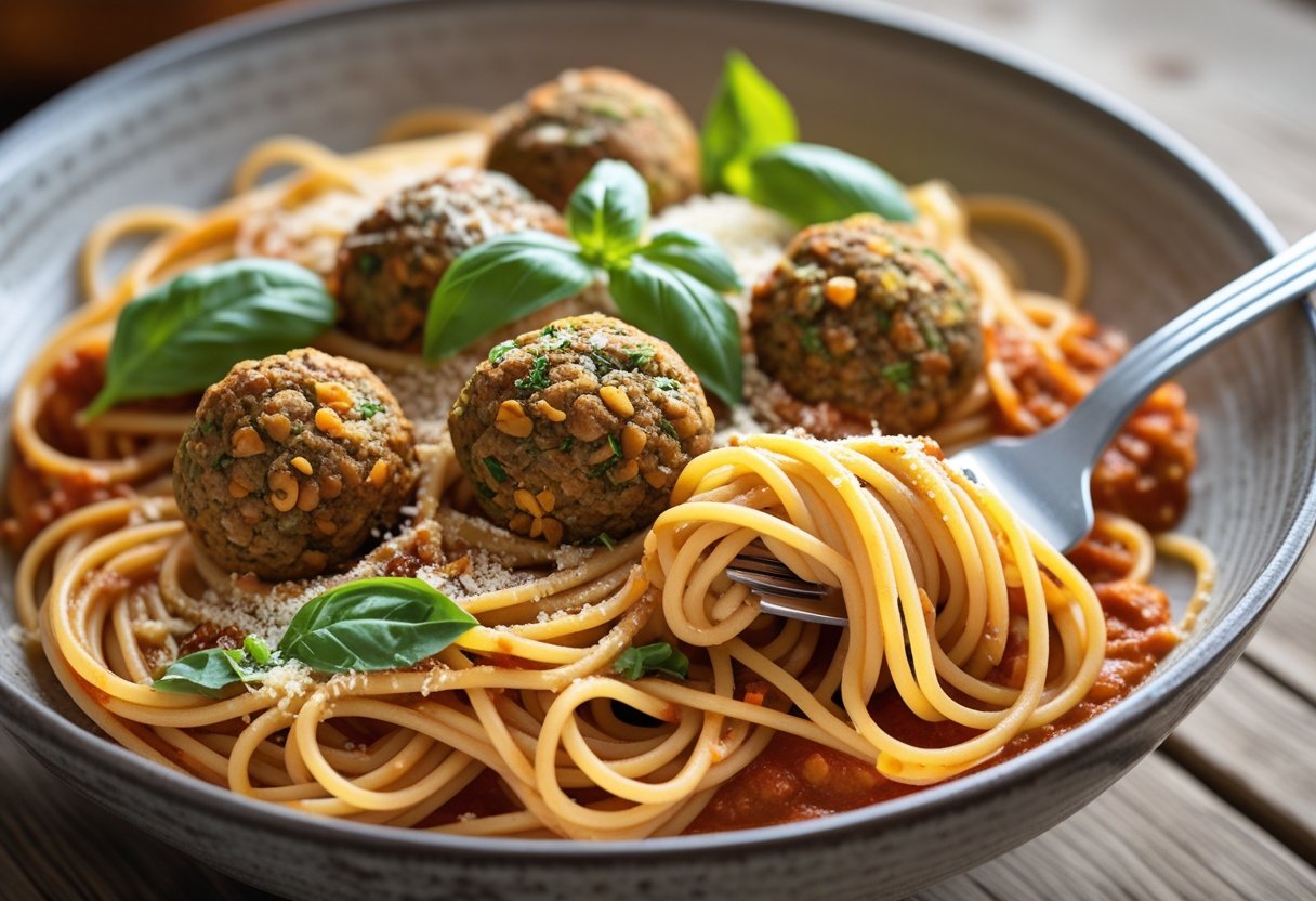 A bowl of spaghetti pasta with lentil-walnut meatballs in tomato sauce, garnished with fresh basil on a wooden table.